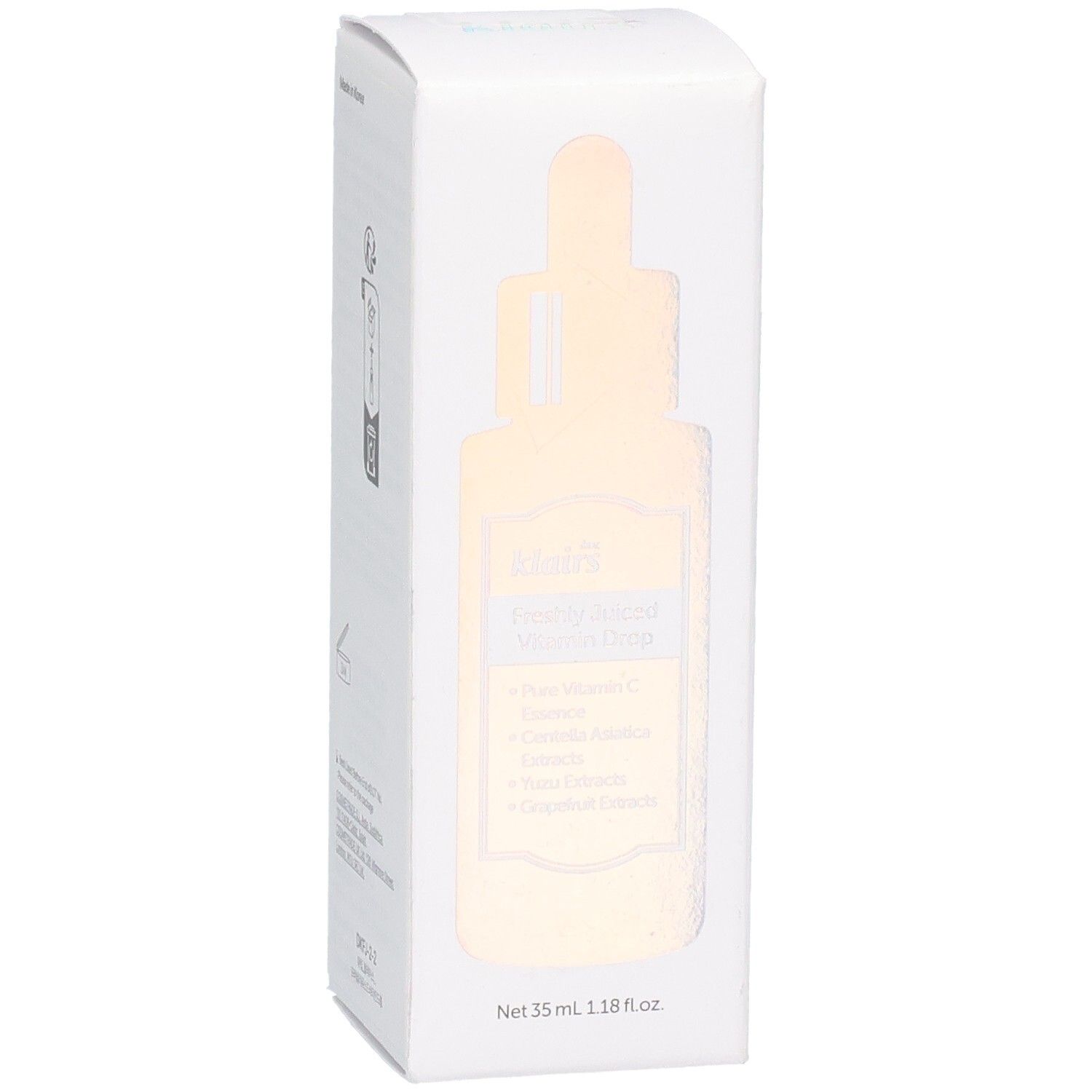Confezione bianca con immagine del prodotto. Scritta: klairs Freshly Juiced Vitamin Drop. Contiene ingredienti.