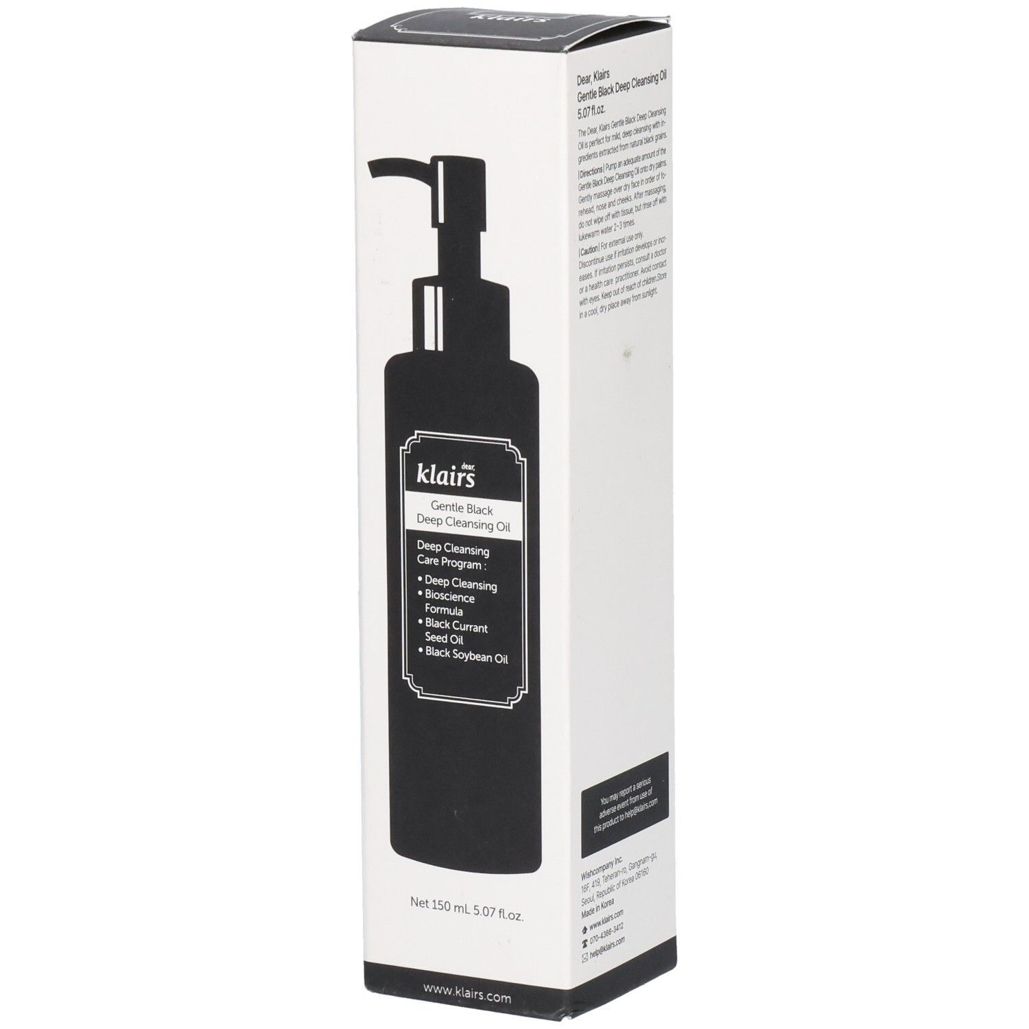 Confezione bianca con immagine nera del prodotto. Testo: Gentle Black Deep Cleansing Oil. Pompa. Logo vegano.