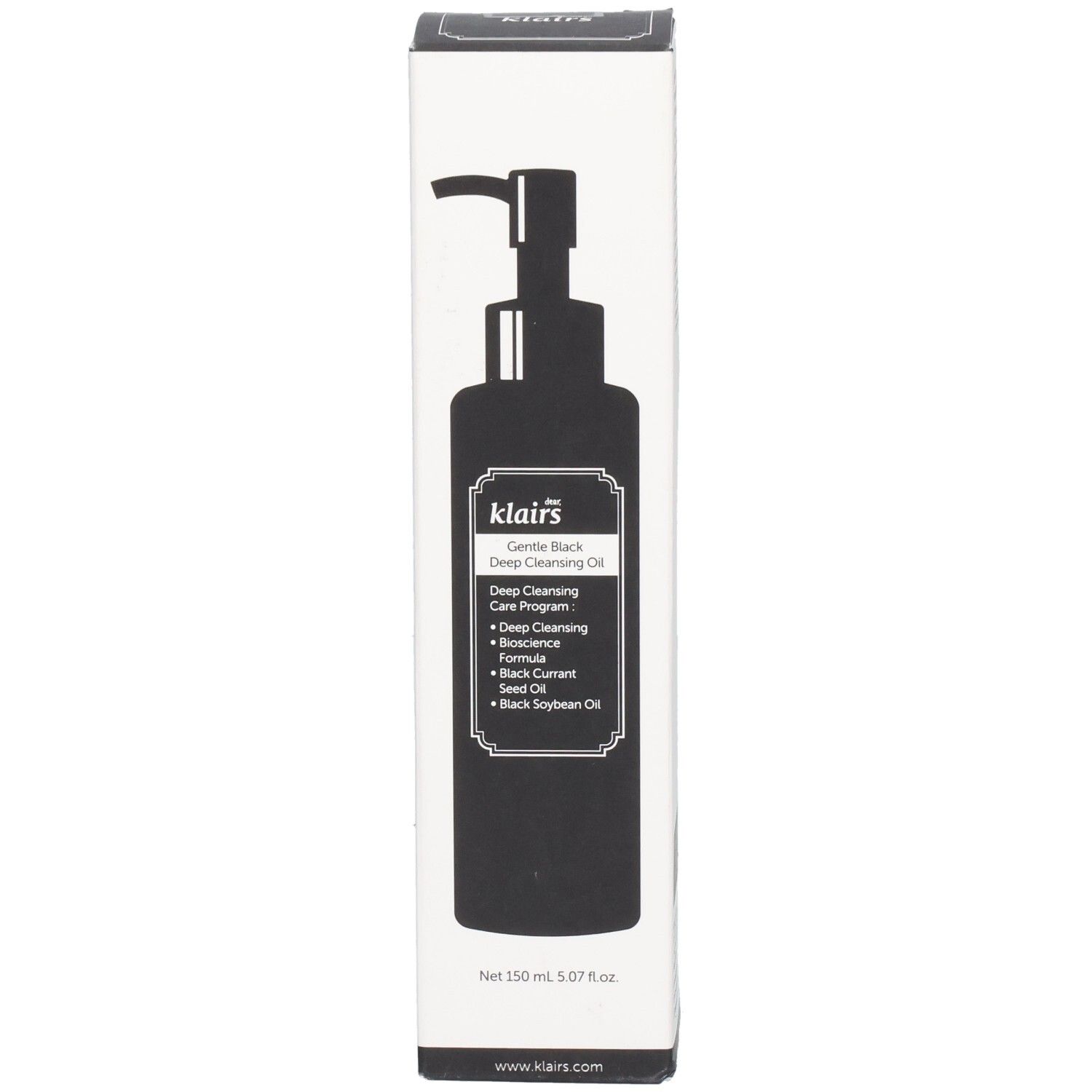 Confezione bianca con immagine nera del prodotto. Testo: Gentle Black Deep Cleansing Oil. Pompa. Parte anteriore.