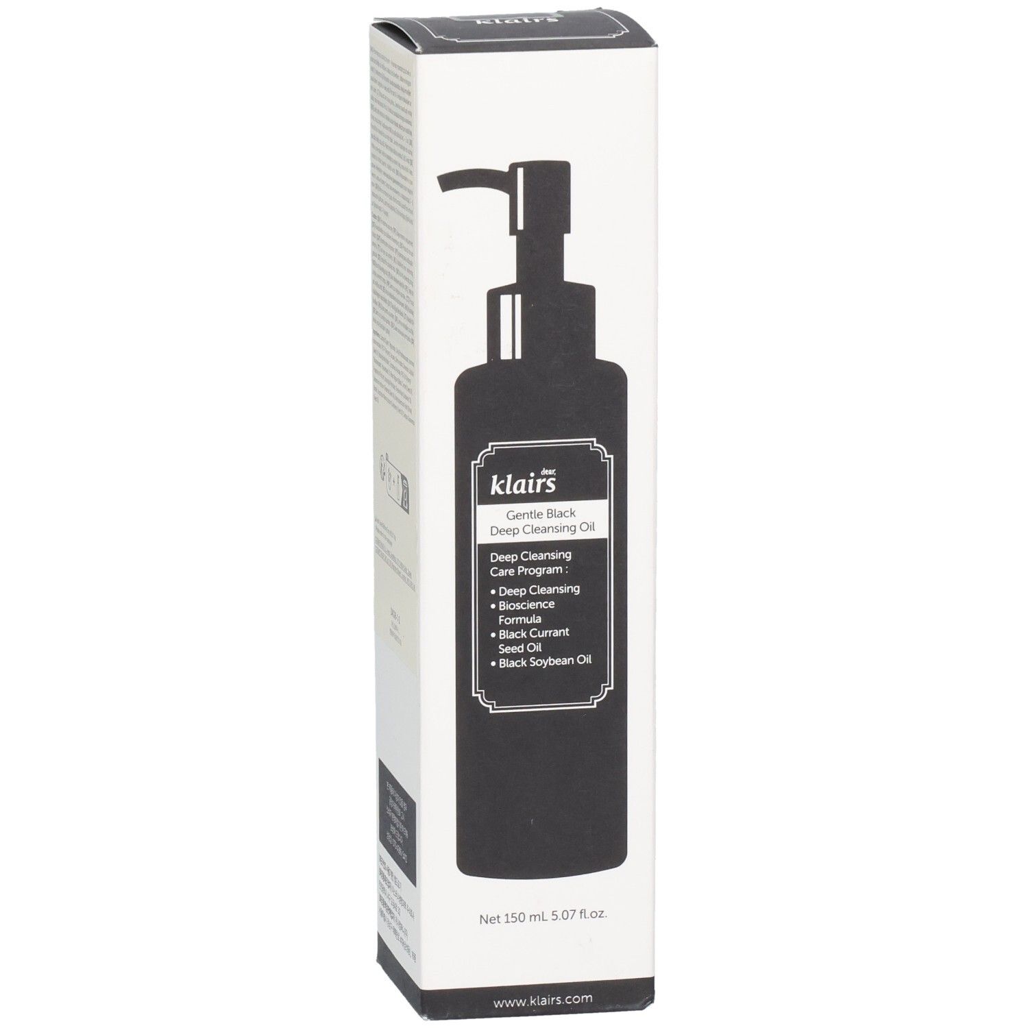 Confezione bianca con immagine nera del prodotto. Testo: Gentle Black Deep Cleansing Oil. Pompa. Parte anteriore.