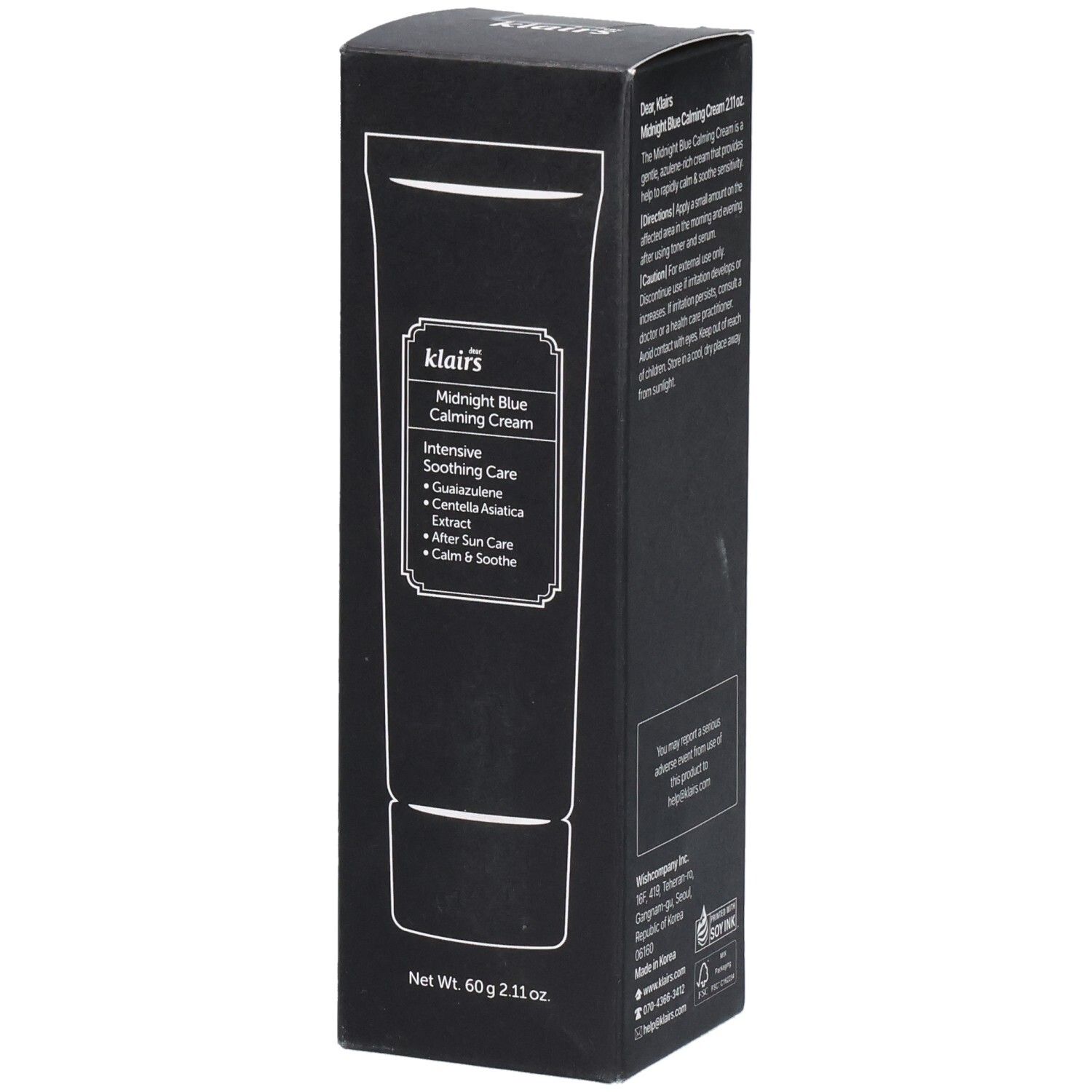 Confezione nera. Stampa: Midnight Blue Calming Cream. Testo: Intensive Soothing Care. Marchio: Klairs.