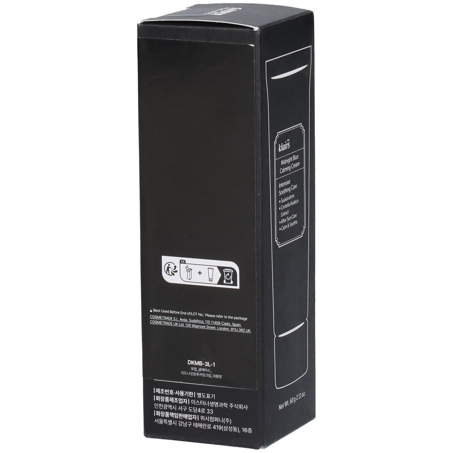 Confezione nera. Retro con testo e pittogrammi. Marchio: Klairs. Prodotto: Midnight Blue Calming Cream.