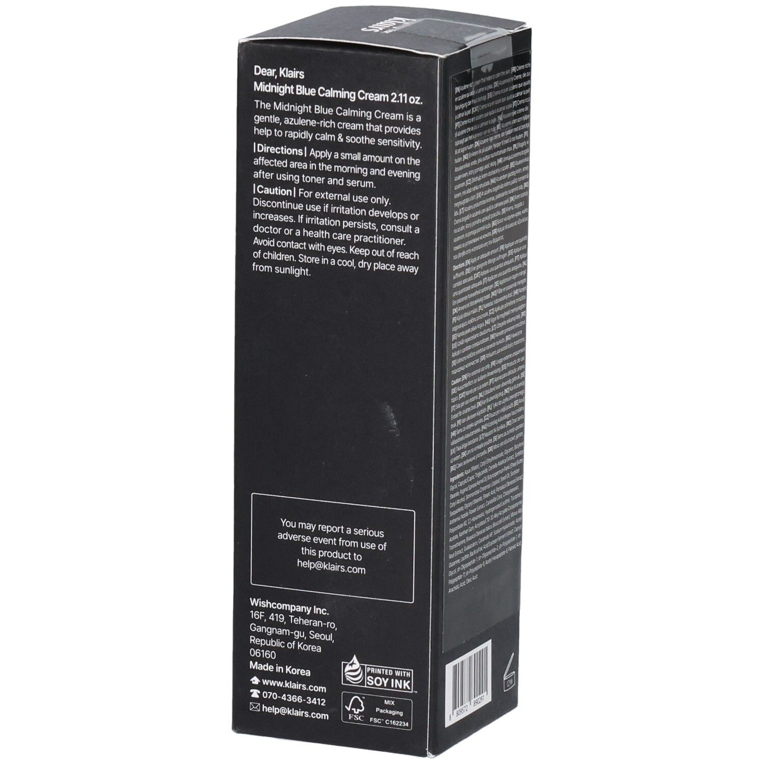 Confezione nera. Testo: Midnight Blue Calming Cream. Marchio: Klairs. Testo: Intensive Soothing Care.