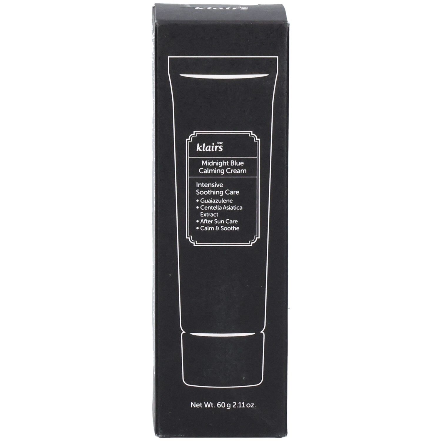 Confezione nera. Stampa: Midnight Blue Calming Cream. Testo: Intensive Soothing Care. Marchio: Klairs.