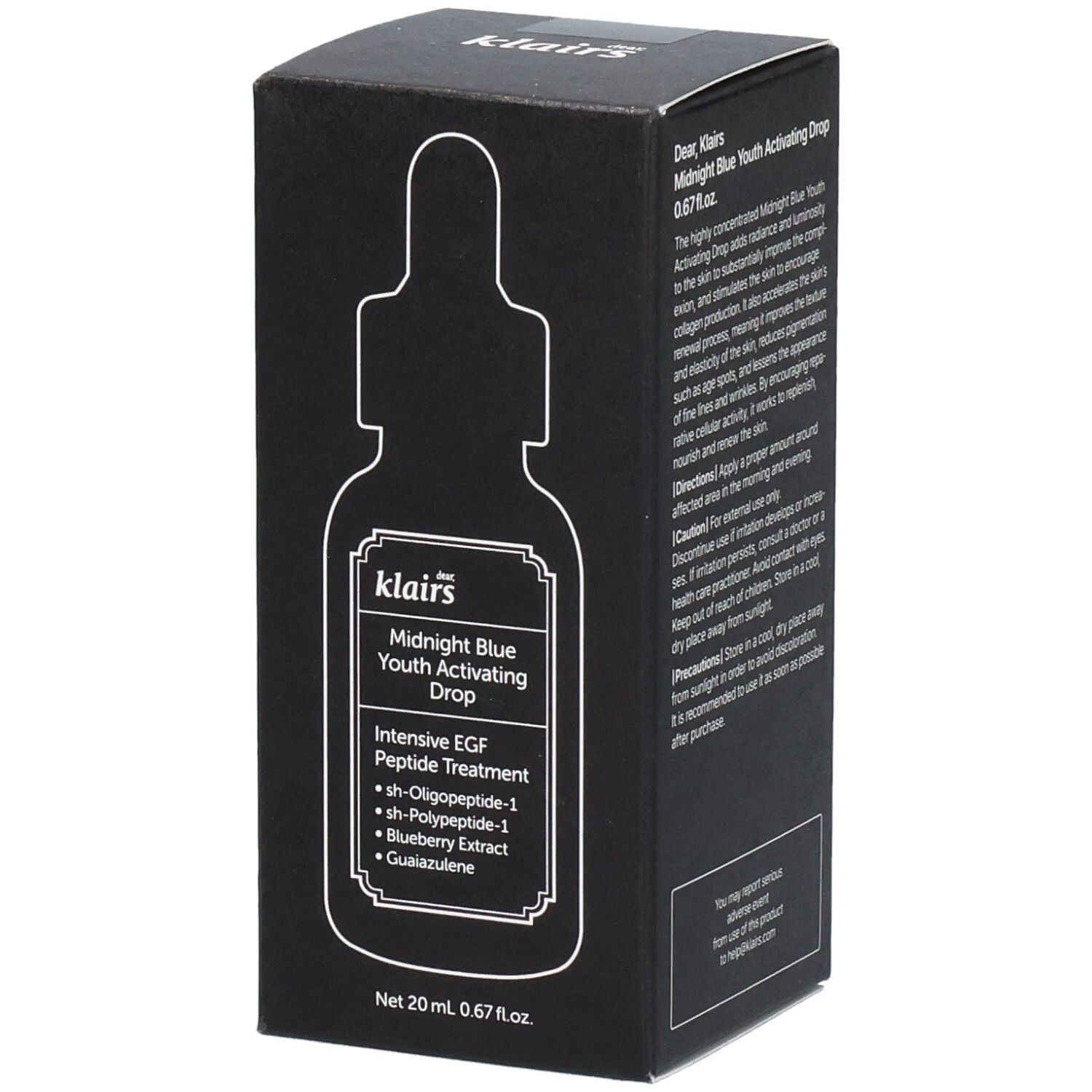 Confezione nera con immagine del prodotto. Contiene il testo: Midnight Blue Youth Activating Drop. 20 ml. Con peptidi.