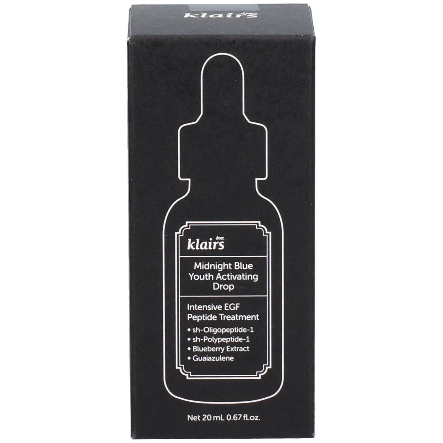 Confezione nera con immagine del prodotto. Contiene il testo: Midnight Blue Youth Activating Drop. 20 ml. Con peptidi.