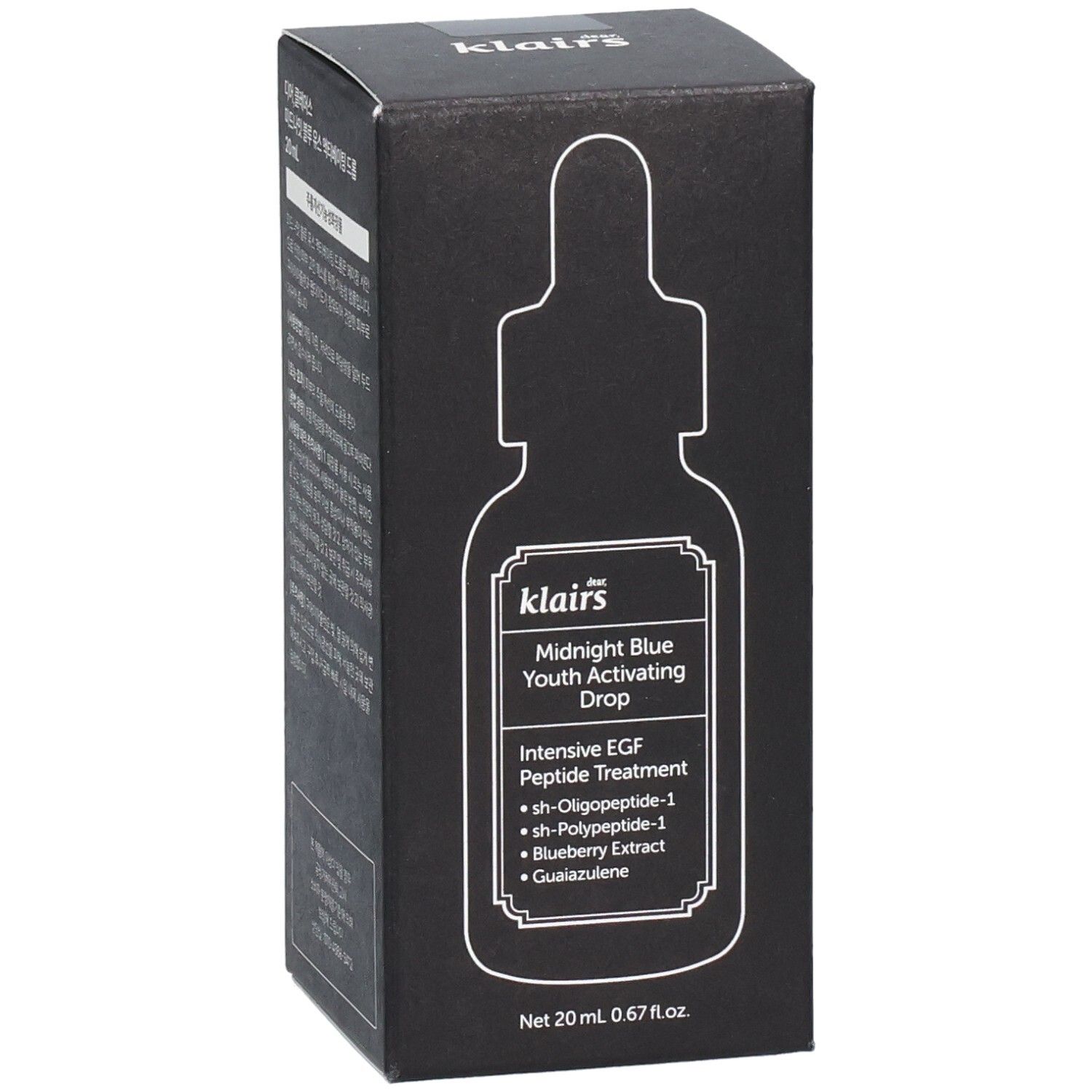 Confezione nera con immagine del prodotto. Contiene il testo: Midnight Blue Youth Activating Drop. 20 ml. Con peptidi.