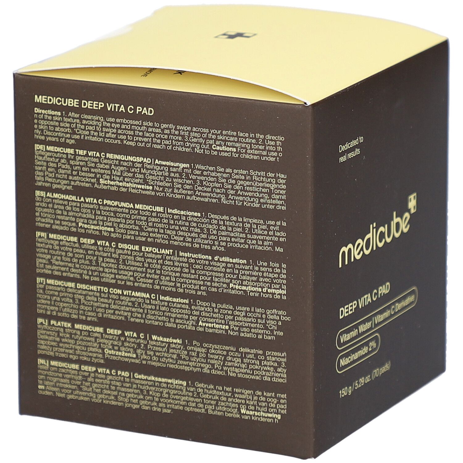 Scatola marrone con coperchio giallo. Scritte: medicube, DEEP VITA C PAD, Vitamin Water, Vitamin C Derivative, Niacinamide 2%. Testo sul retro.