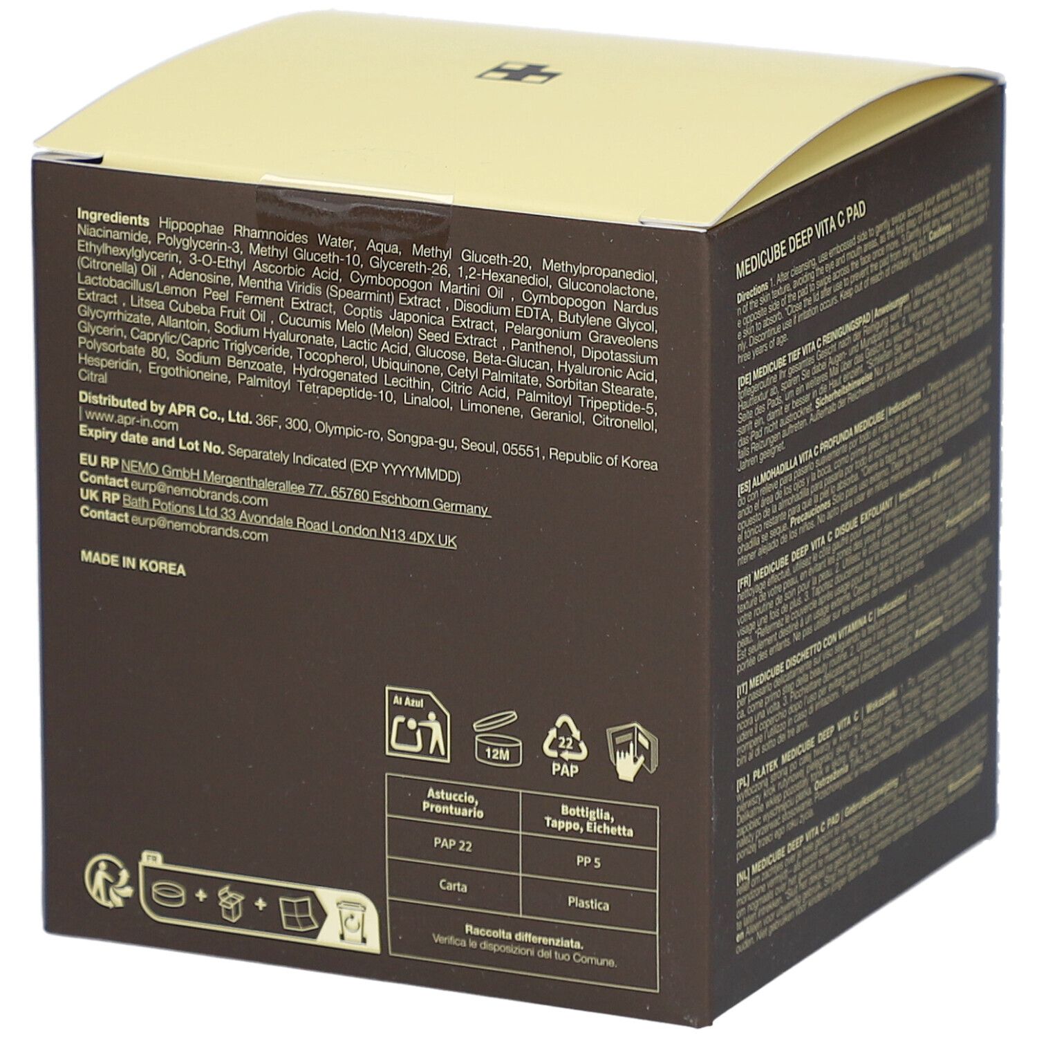 Scatola marrone con coperchio giallo. Scritte: medicube, DEEP VITA C PAD, Vitamin Water, Vitamin C Derivative, Niacinamide 2%. Elenco ingredienti.
