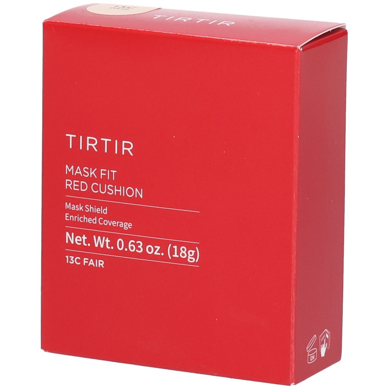 Confezione rossa quadrata. Scritta: TIRTIR, Mask Fit Red Cushion, 13C Fair. Peso netto: 0,63 oz. (18g).