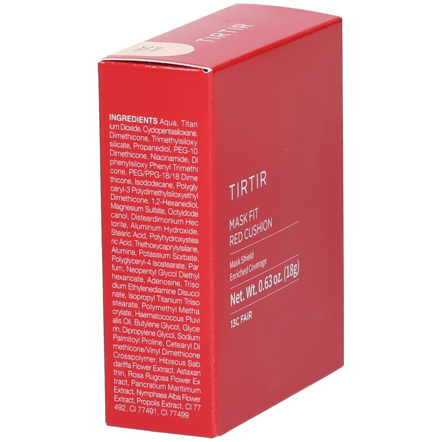 Confezione rossa con ingredienti. Scritta: TIRTIR, Mask Fit Red Cushion, 13C Fair. Peso netto: 0,63 oz. (18g).