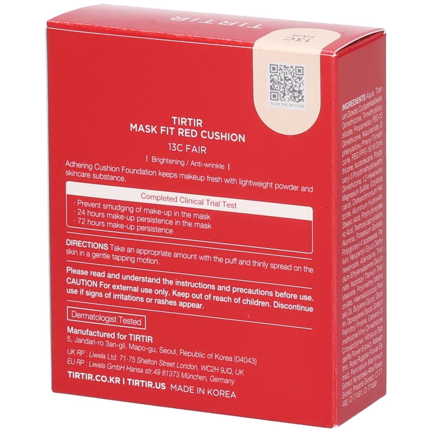 Confezione rossa con testo. Scritta: TIRTIR, Mask Fit Red Cushion, 13C Fair. Peso netto: 0,63 oz. (18g).