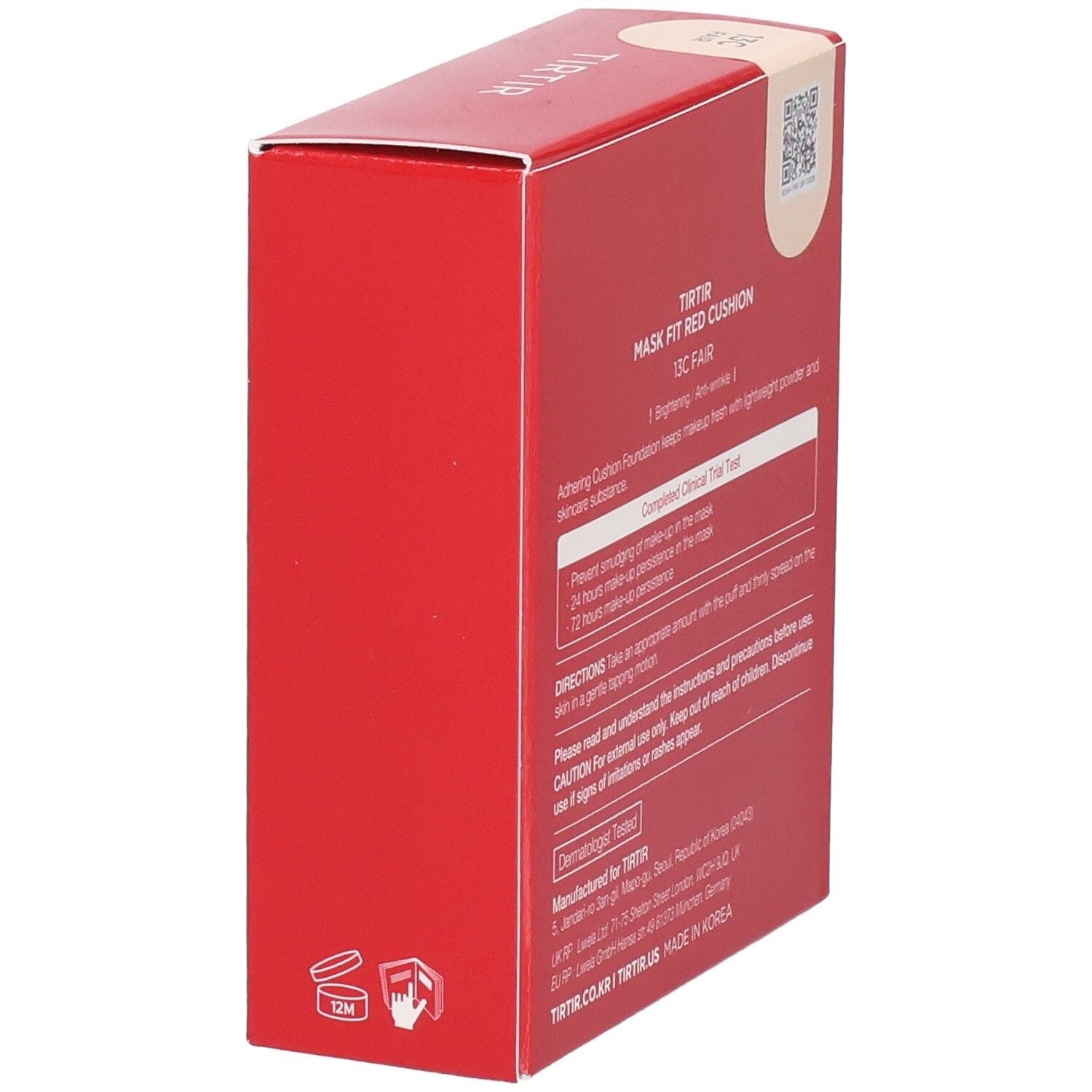 Confezione rossa con testo. Scritta: TIRTIR, Mask Fit Red Cushion, 13C Fair. Peso netto: 0,63 oz. (18g).