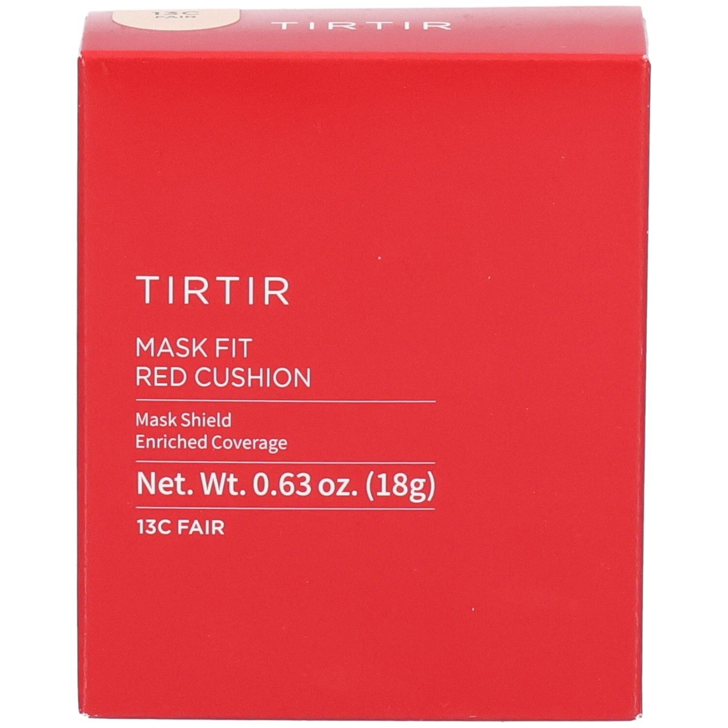 Confezione rossa quadrata. Scritta: TIRTIR, Mask Fit Red Cushion, 13C Fair. Peso netto: 0,63 oz. (18g).