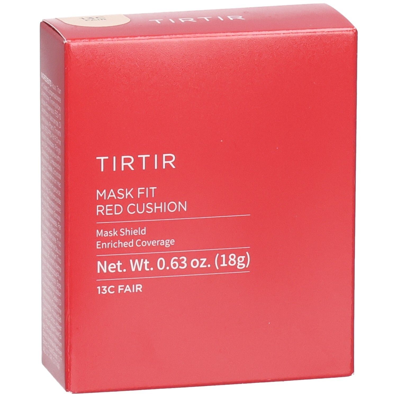 Confezione rossa quadrata. Scritta: TIRTIR, Mask Fit Red Cushion, 13C Fair. Peso netto: 0,63 oz. (18g).