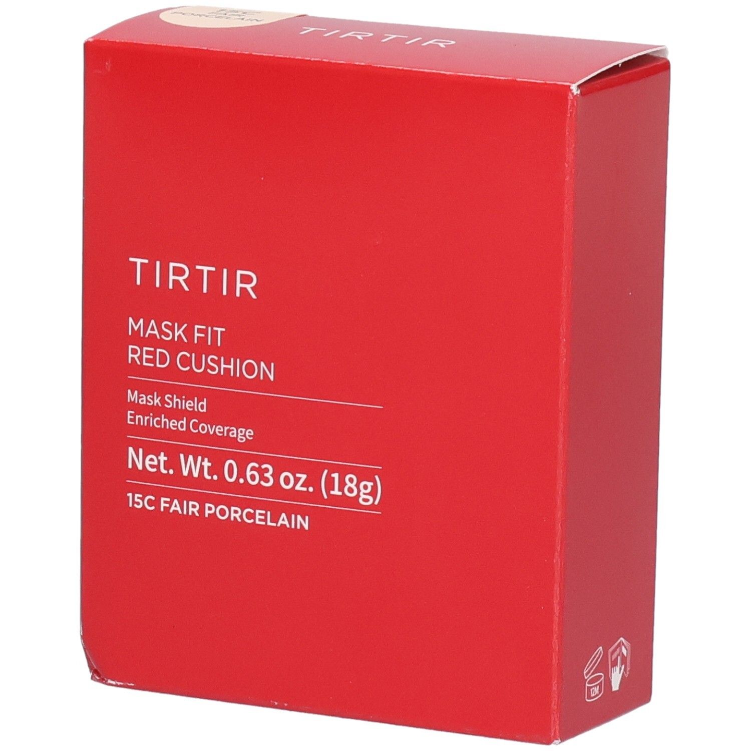 Confezione rossa quadrata. Testo: TIR TIR, Mask Fit Red Cushion, 15C Fair Porcelain. Peso netto 0,63 oz. (18g).