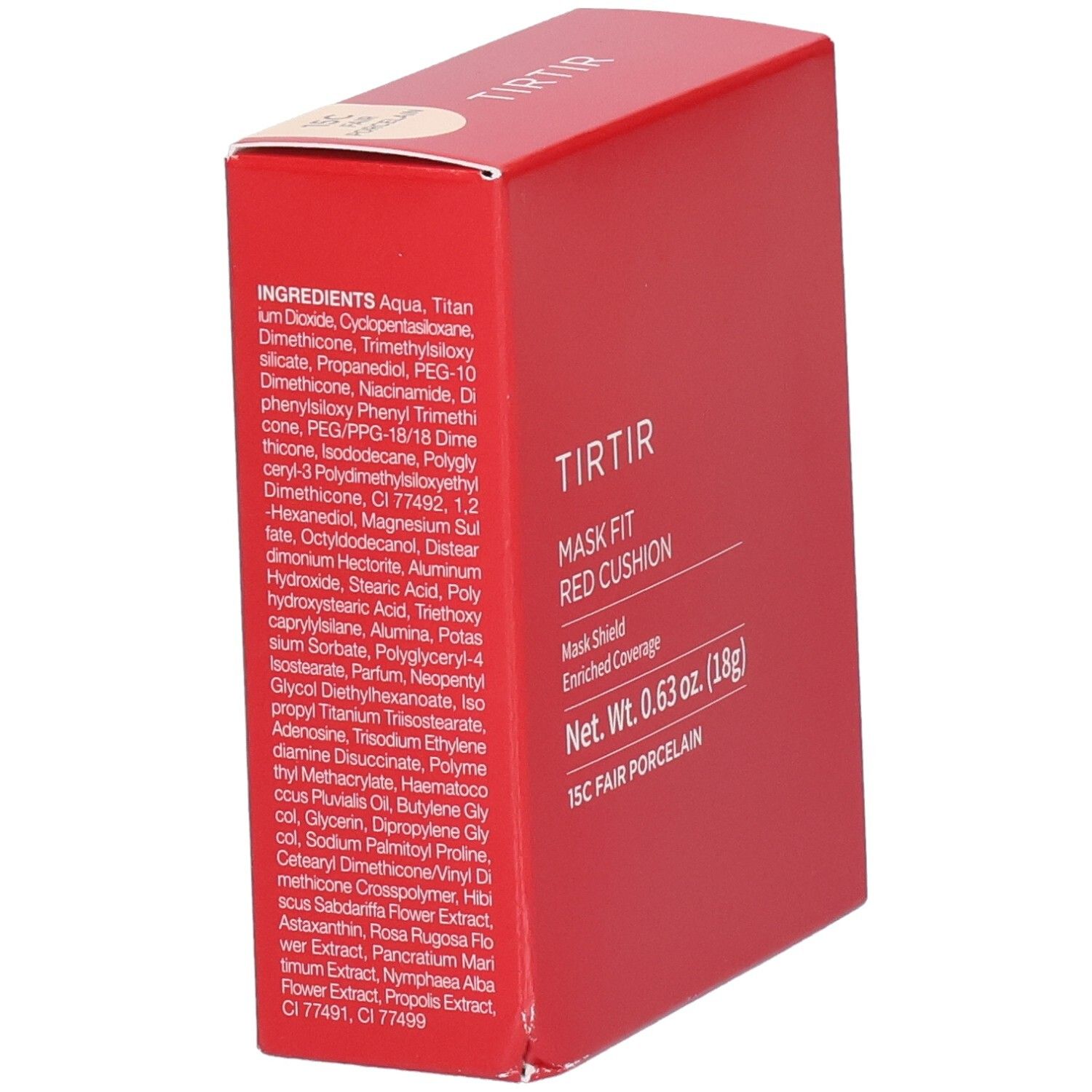 Confezione rossa con testo e lista ingredienti. Testo: TIR TIR, Mask Fit Red Cushion, 15C Fair Porcelain. Peso netto 0,63 oz. (18g).