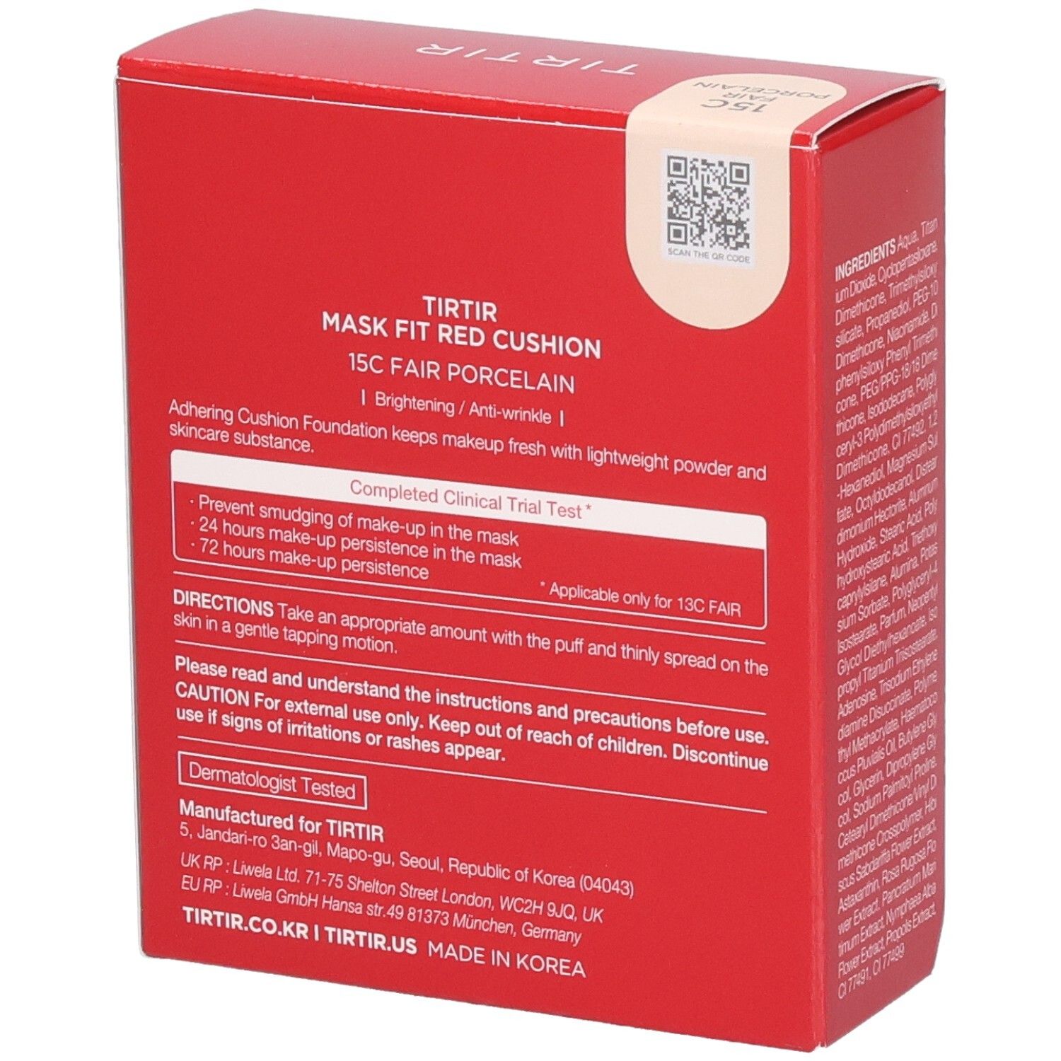 Confezione rossa con testo. Testo: TIR TIR, Mask Fit Red Cushion, 15C Fair Porcelain. Informazioni sull'uso.