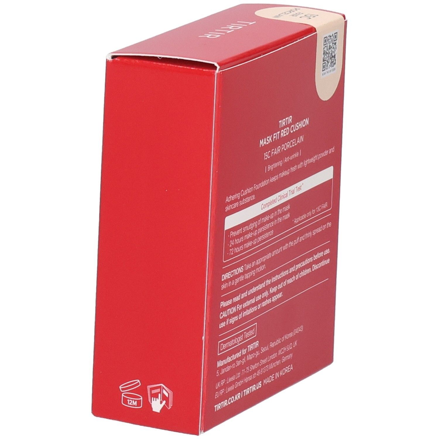 Confezione rossa con testo. Testo: TIR TIR, Mask Fit Red Cushion, 15C Fair Porcelain. Informazioni sull'uso.