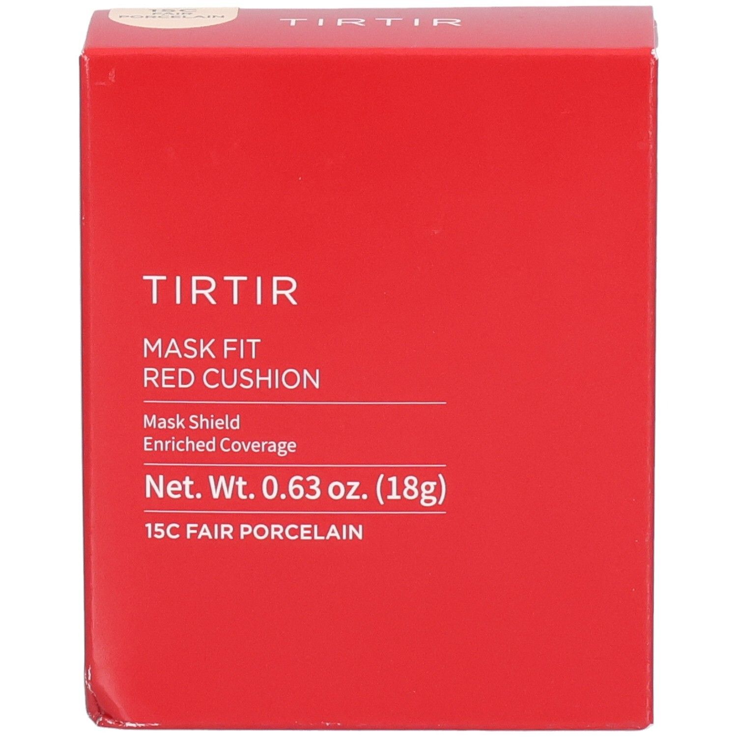Confezione rossa quadrata. Testo: TIR TIR, Mask Fit Red Cushion, 15C Fair Porcelain. Peso netto 0,63 oz. (18g).