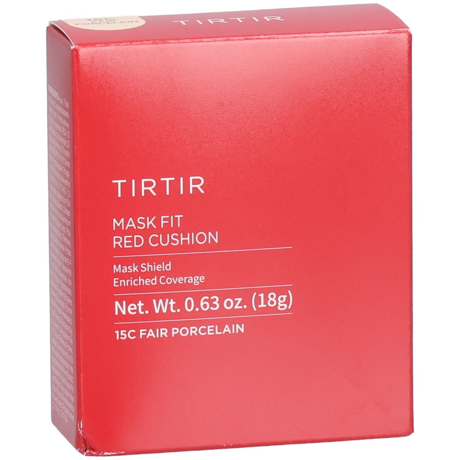 Confezione rossa quadrata. Testo: TIR TIR, Mask Fit Red Cushion, 15C Fair Porcelain. Peso netto 0,63 oz. (18g).