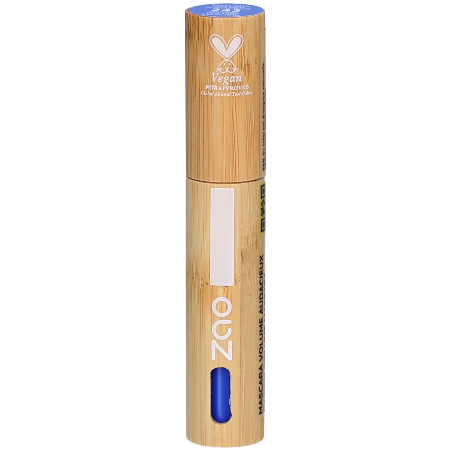 Tubetto mascara cilindrico in bambù, tappo blu, dettaglio blu. Testo: Mascara Volume Audacieux.