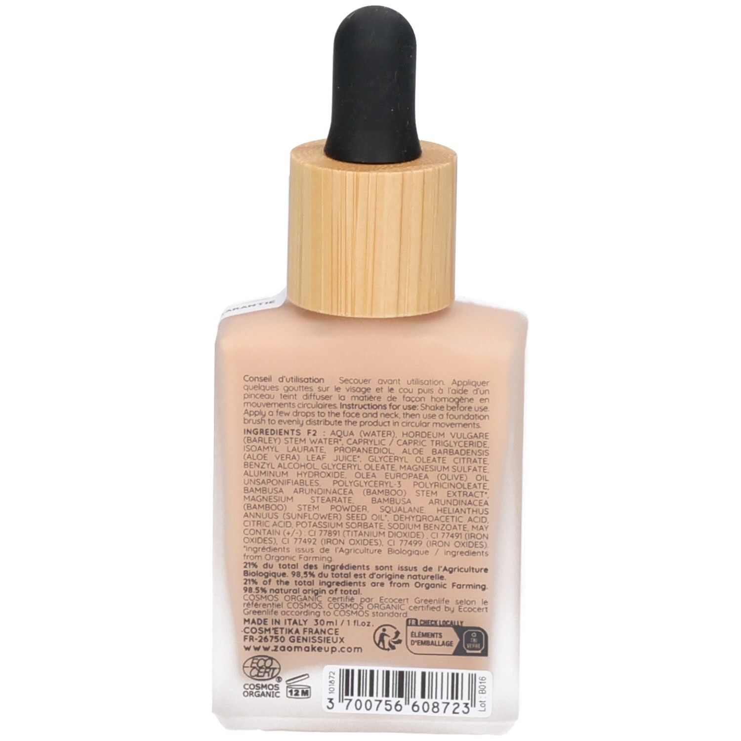 Retro del flacone ZAO Sérum teinté seconde peau 872 Nude. Testo con ingredienti e origine. Certificazione COSMOS ORGANIC.