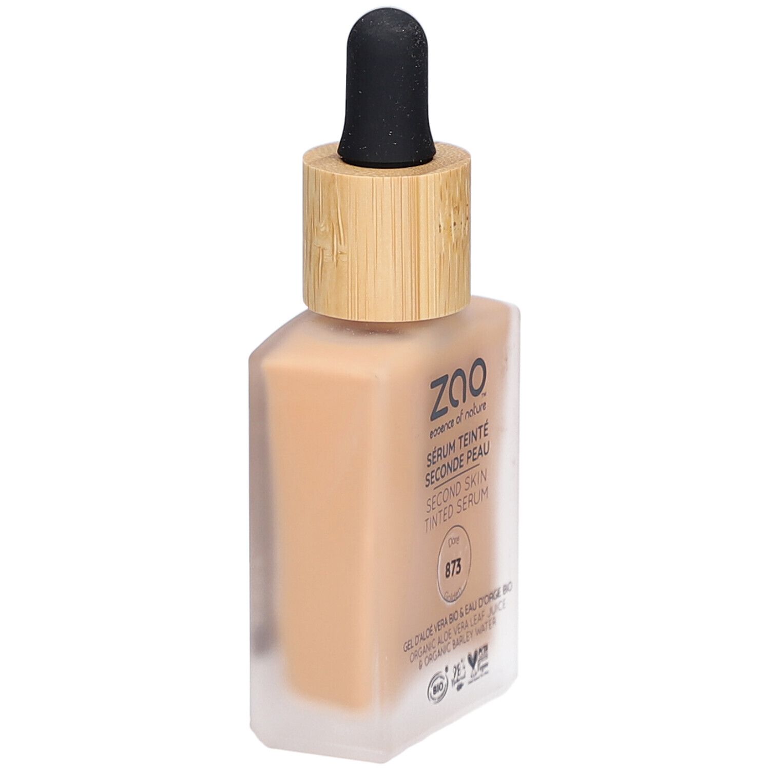 Siero colorato in flacone quadrato di vetro con tappo in bambù e contagocce. Scritta: ZAO, Sérum Teinté Seconde Peau 873 Doré.