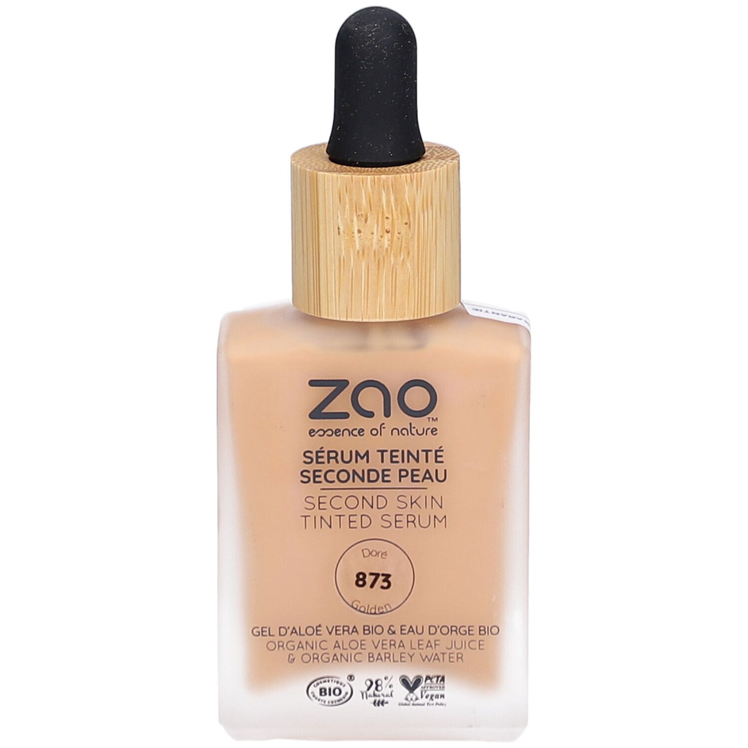 Siero colorato in flacone quadrato di vetro con tappo in bambù e contagocce. Scritta: ZAO, Sérum Teinté Seconde Peau 873 Doré.