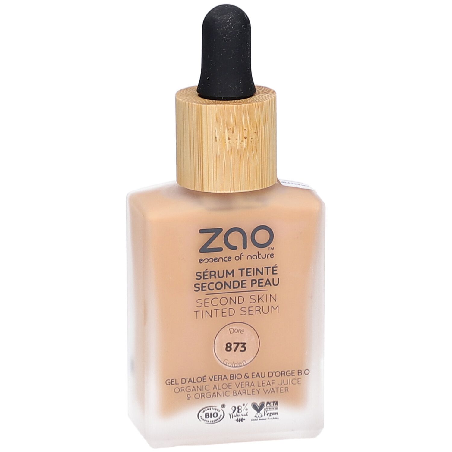 Siero colorato in flacone quadrato di vetro con tappo in bambù e contagocce. Scritta: ZAO, Sérum Teinté Seconde Peau 873 Doré.