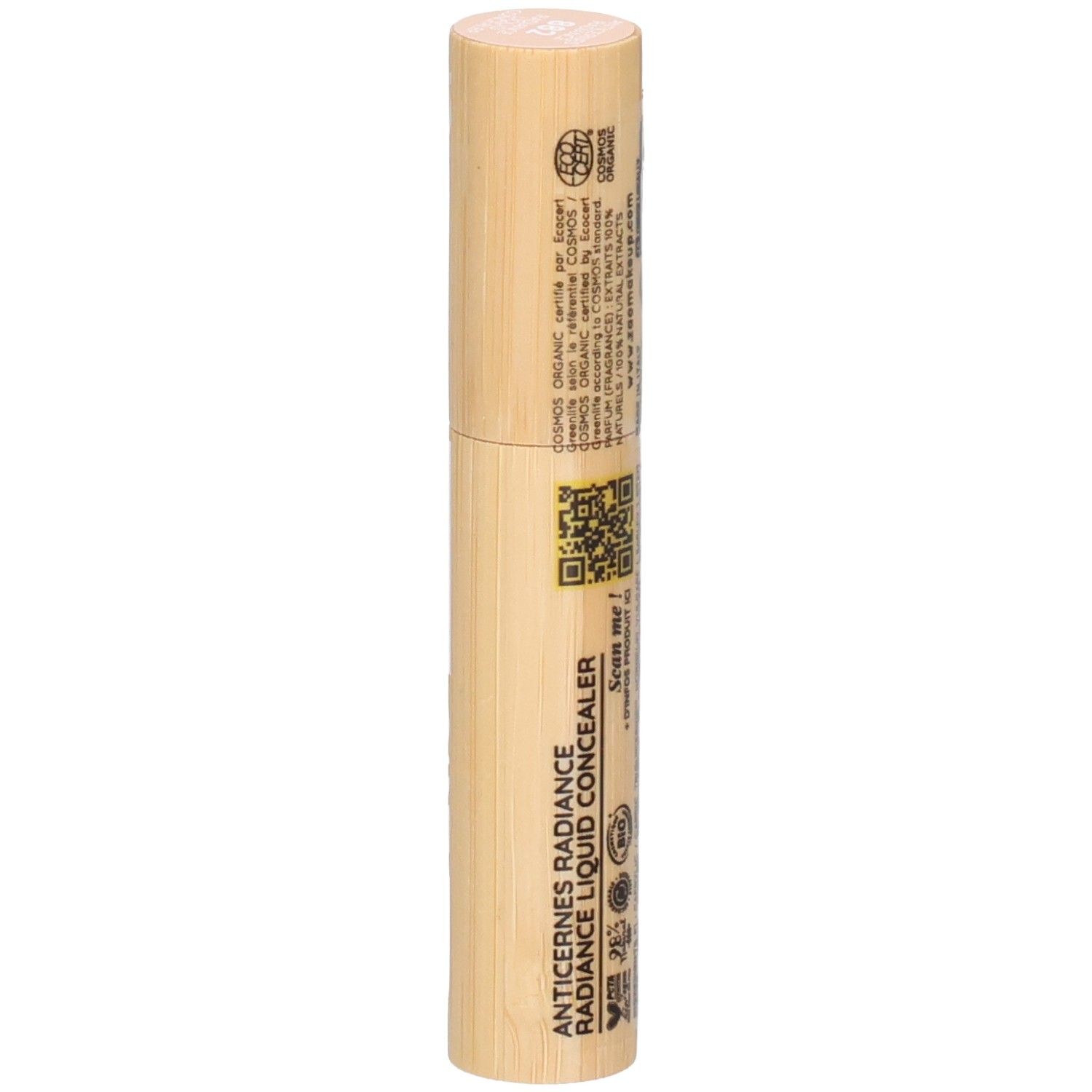 Contenitore cilindrico in bambù. Testo: ANTICERNES RADIANCE LIQUID CONCEALER. Codice QR. Sigillo COSMOS ORGANIC.