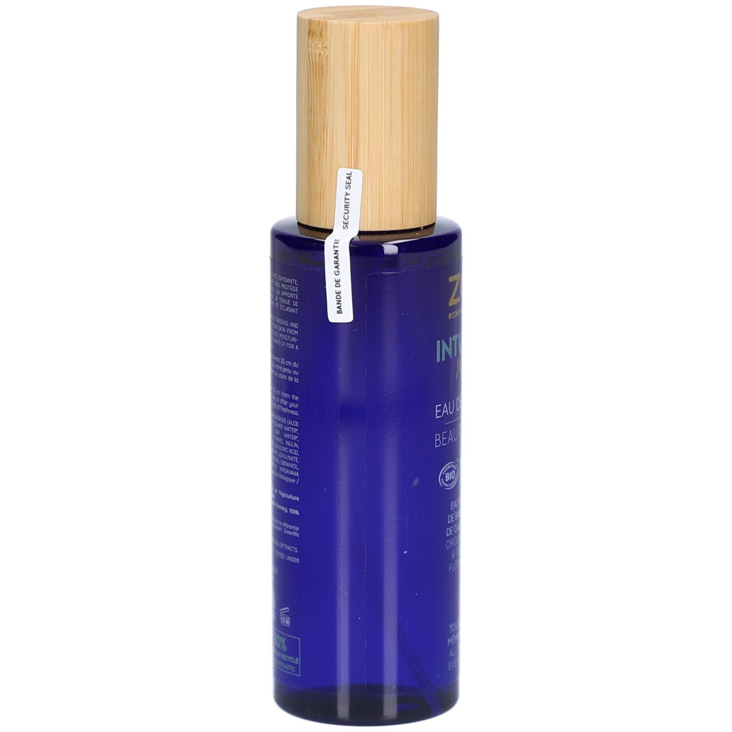 Flacone blu con tappo in legno. Sigillo di sicurezza. Scritta: ZAO, Intuitive Skin, Eau de Beauté, Beauty Water.