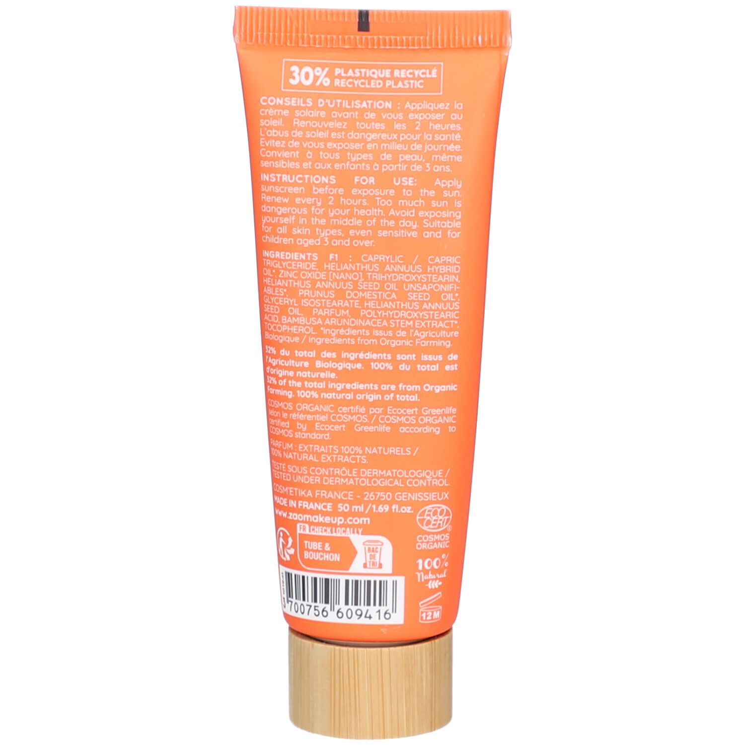 Retro del tubo. Testo: istruzioni per l'uso, ingredienti. 30% plastica riciclata. Certificazione Bio.