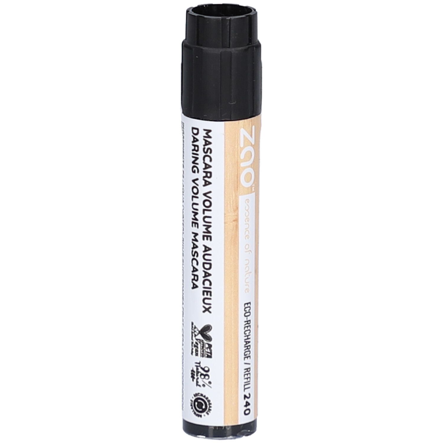 Tubetto di mascara cilindrico con tappo nero. Scritta: MASCARA VOLUME AUDAXIEUX DARING VOLUME MASCARA. Logo ZAO.