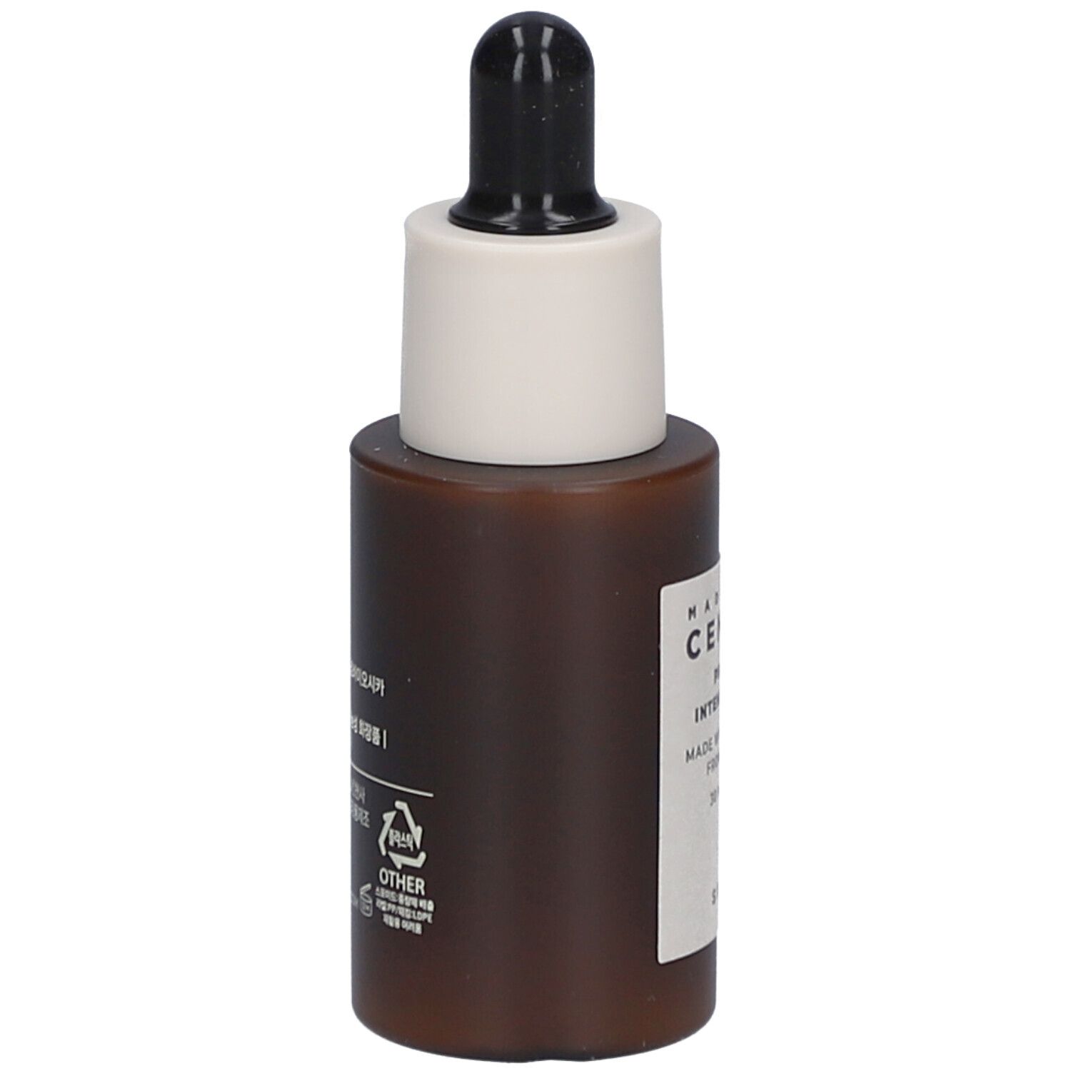 Flacone di siero marrone con tappo bianco e pipetta nera. Etichetta con testo. SKIN1004.