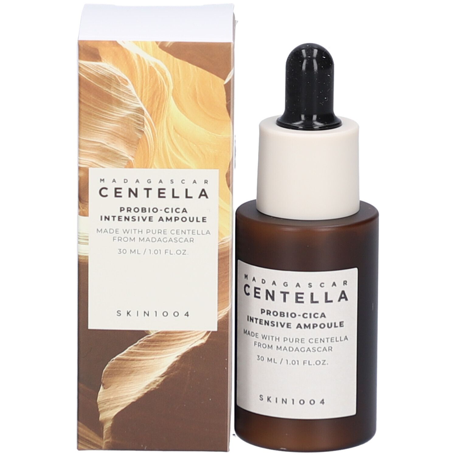 Flacone di siero e confezione. Flacone marrone con tappo bianco e pipetta nera. SKIN1004.