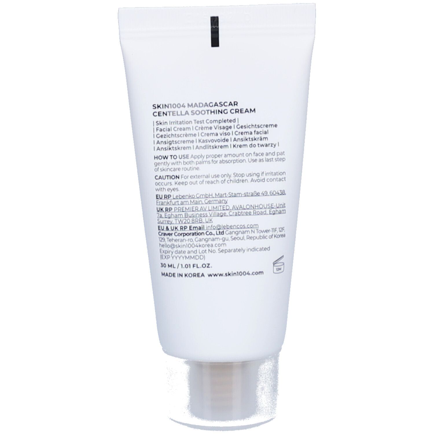 Retro del tubo bianco. Testo: SKIN1004 MADAGASCAR CENTELLA SOOTHING CREAM. Ingredienti, istruzioni per l'uso, produttore.