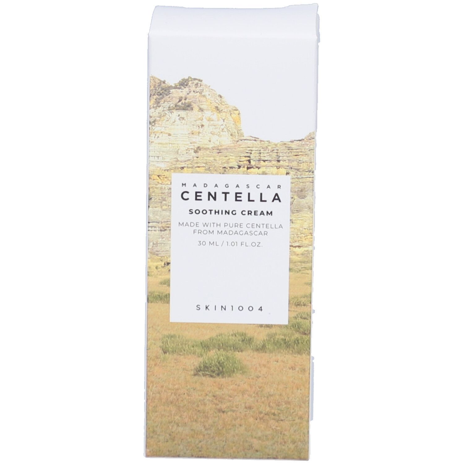 Confezione bianca con paesaggio. Testo: CENTELLA SOOTHING CREAM, SKIN1004.