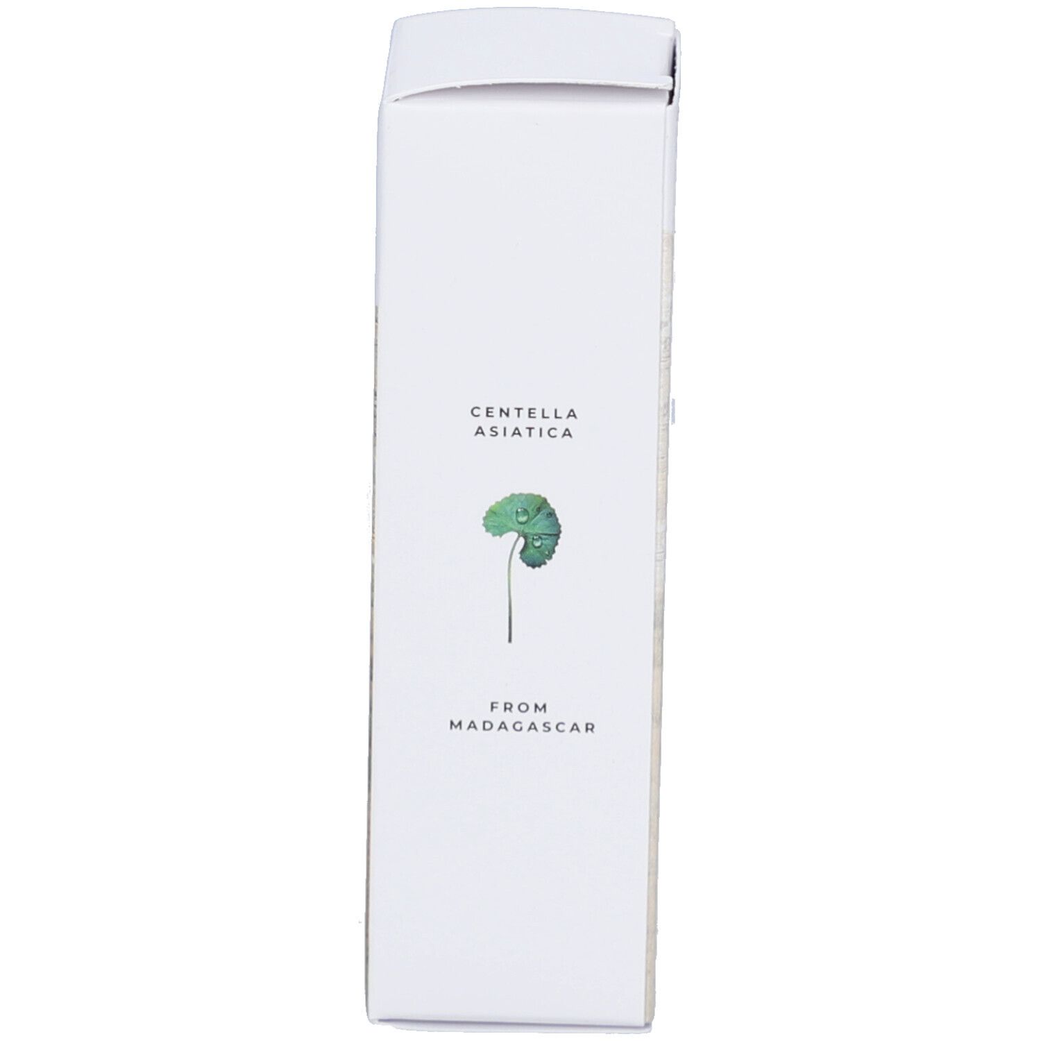 Confezione bianca, lato con testo: CENTELLA ASIATICA FROM MADAGASCAR e un'illustrazione.