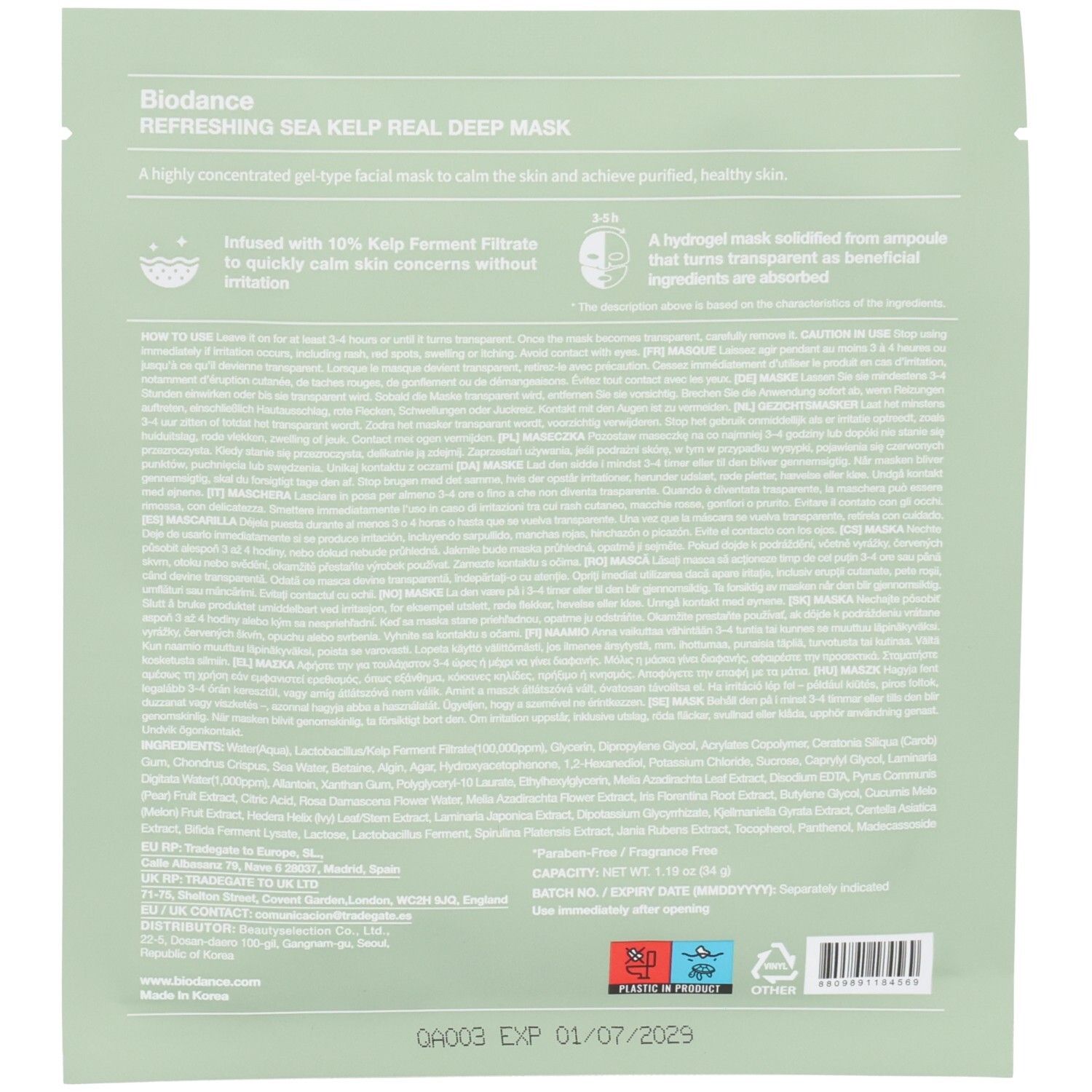 Retro della confezione della maschera Biodance Refreshing Sea Kelp Real Deep Mask con ingredienti e istruzioni.
