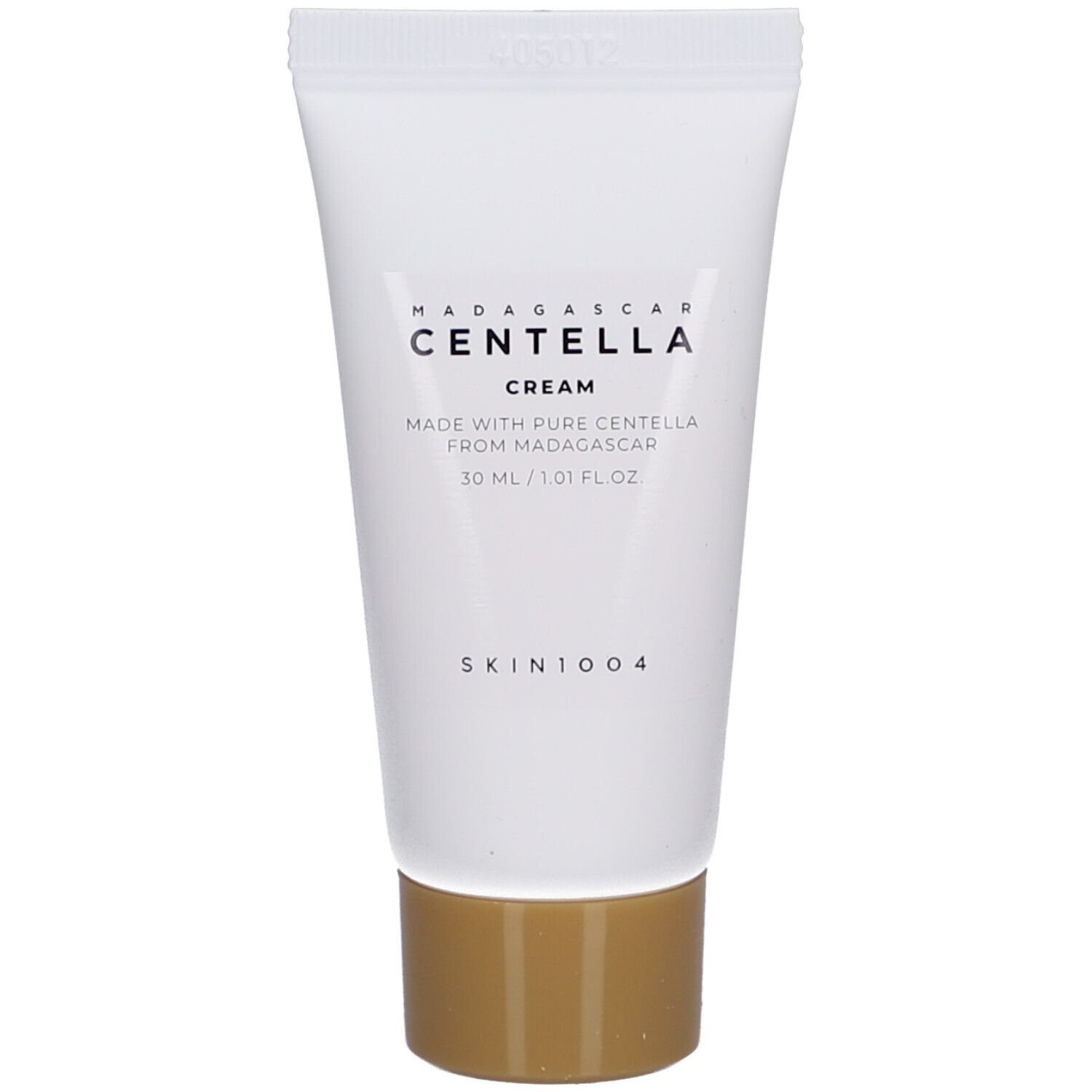 Tubo bianco con tappo marrone. Scritta: MADAGASCAR CENTELLA CREAM, 30 ml, SKIN1004.