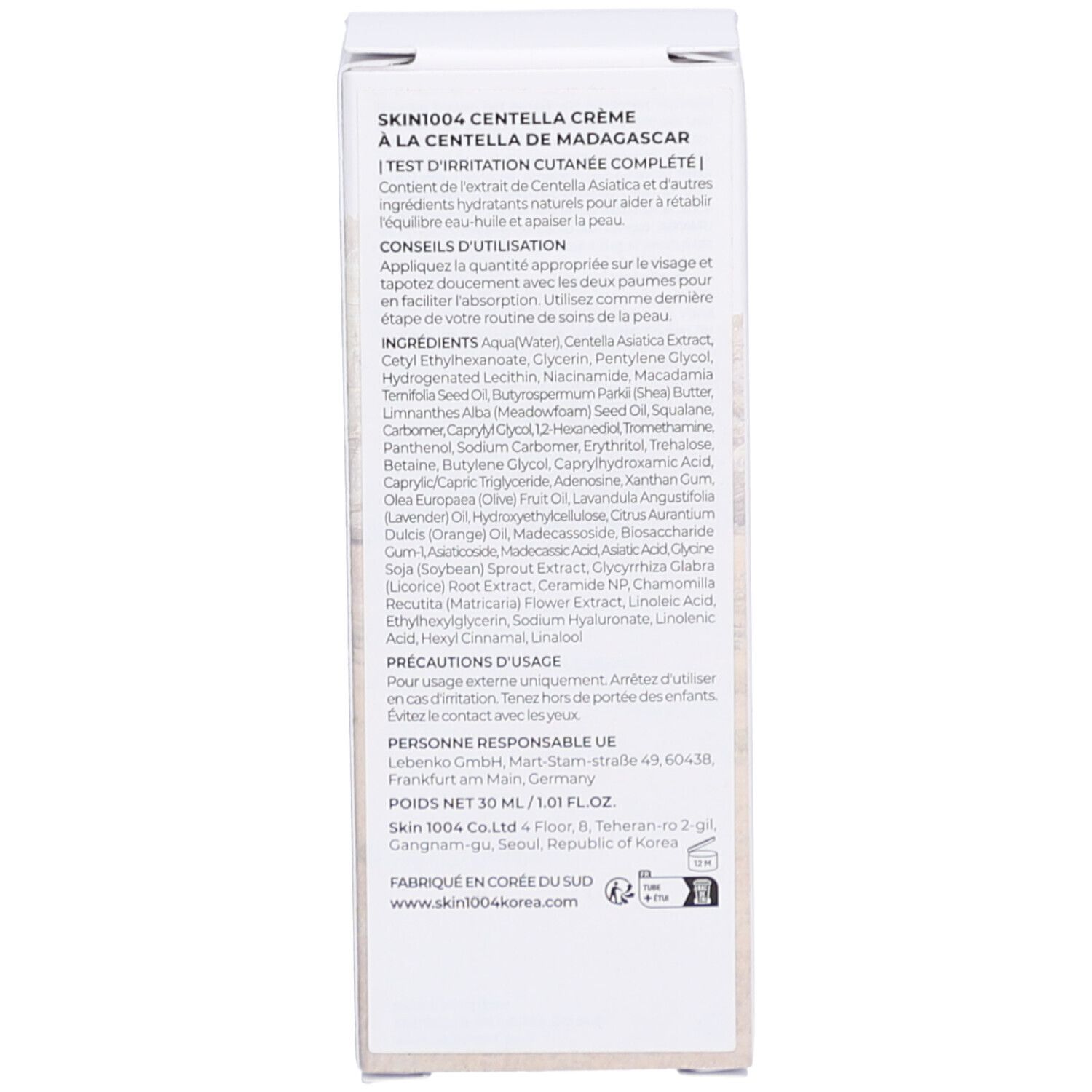 Retro della confezione. Testo: SKIN1004 CENTELLA CRÈME, ingredienti, istruzioni per l'uso, 30 ml.