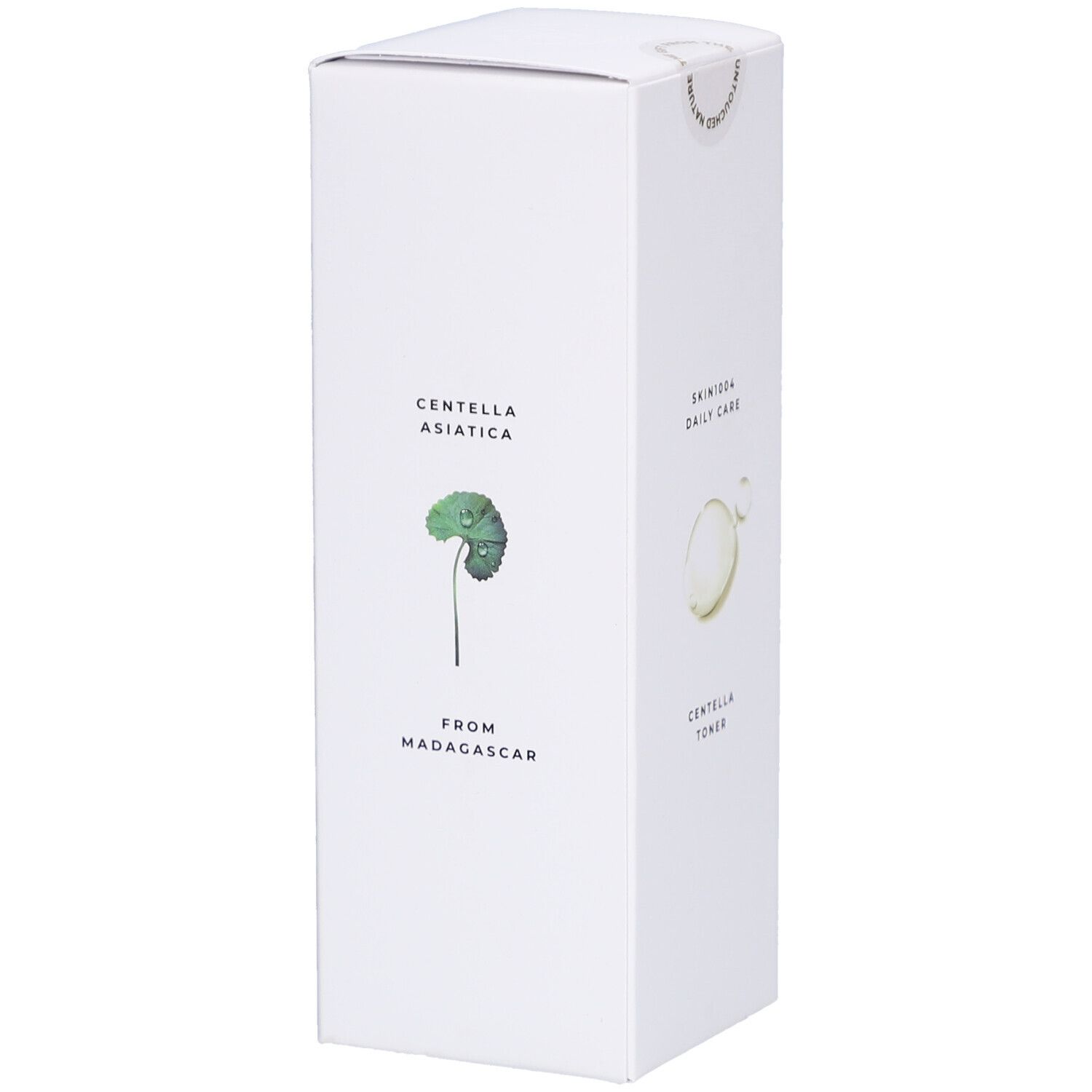 Confezione bianca con testo e illustrazione. Testo: CENTELLA ASIATICA, FROM MADAGASCAR. SKIN1004 DAILY CARE, CENTELLA TONER.