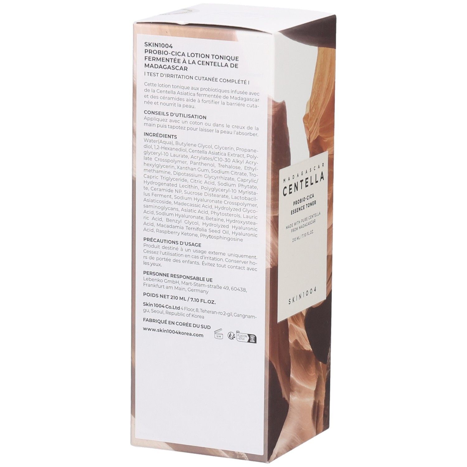 Confezione prodotto con testo e ingredienti. Testo: SKIN1004, PROBIO-CICA LOTION TONIQUE, ingredienti, precauzioni d'uso.