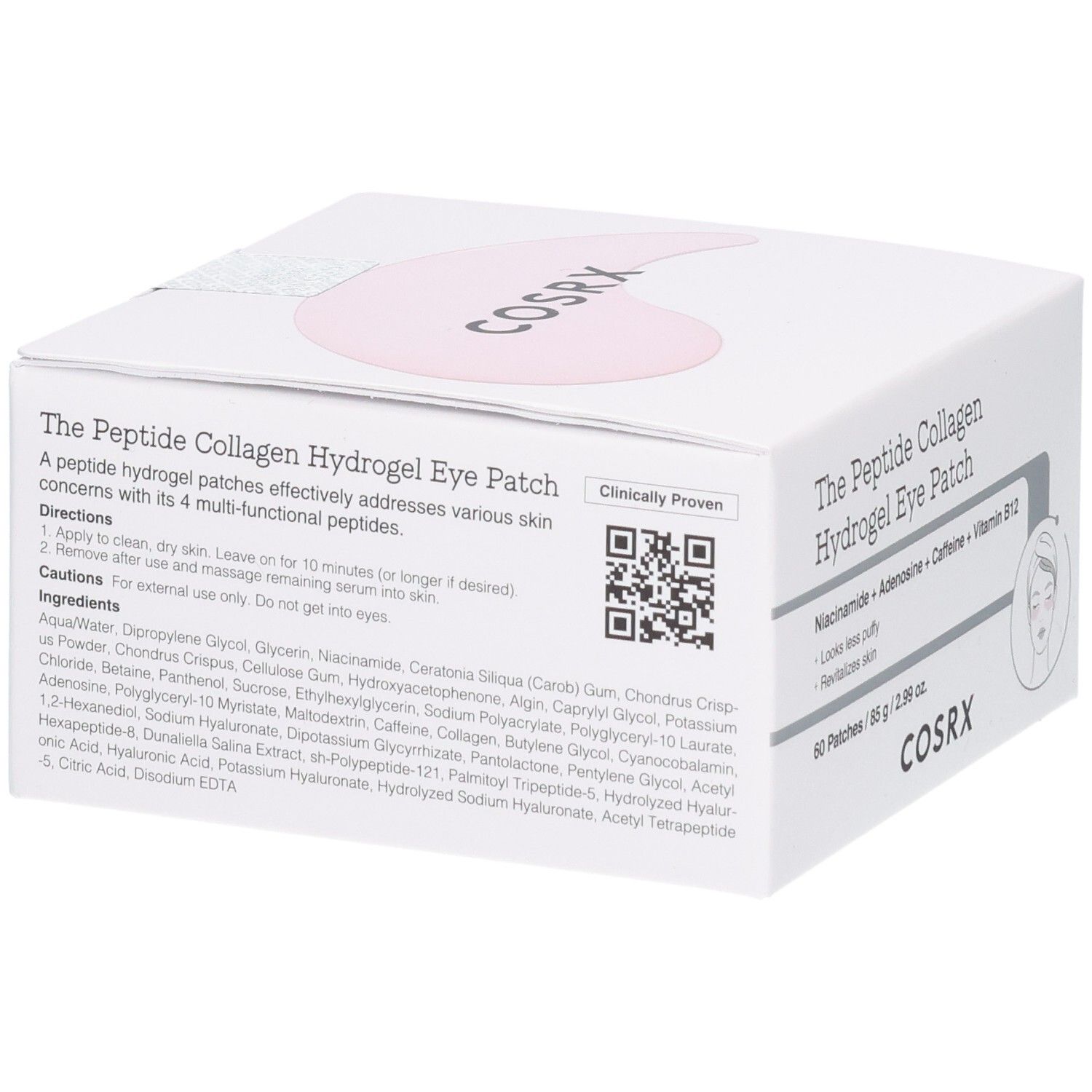 COSRX Eye Patches: Scatola con ingredienti, istruzioni per l'uso e codice QR.