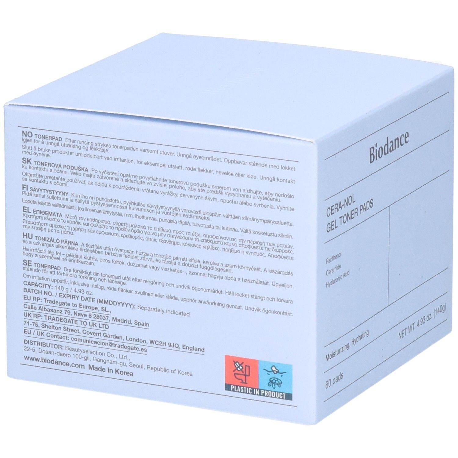Retro della confezione Biodance CERA-NOL GEL TONER PADS con istruzioni e ingredienti.