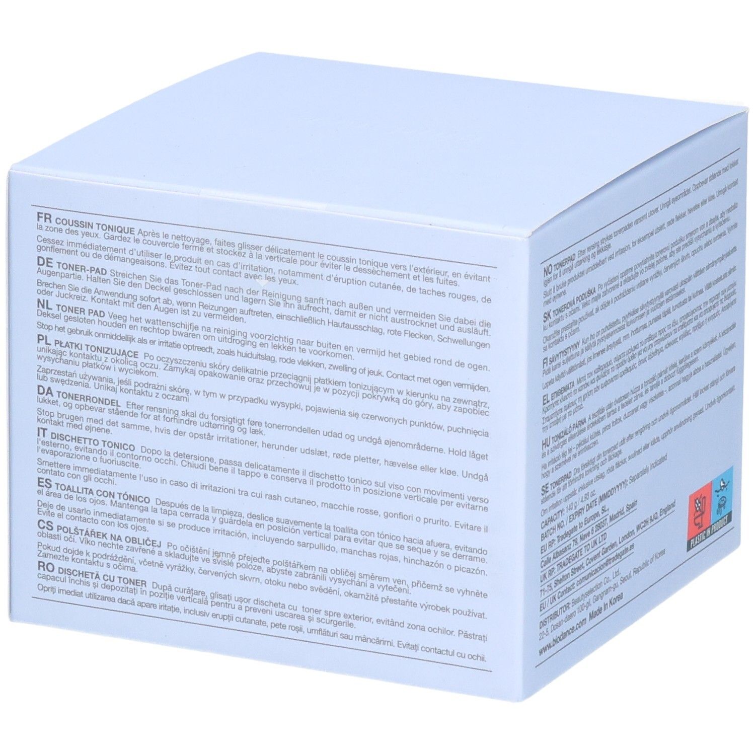 Vista laterale della confezione Biodance CERA-NOL GEL TONER PADS con informazioni multilingue.