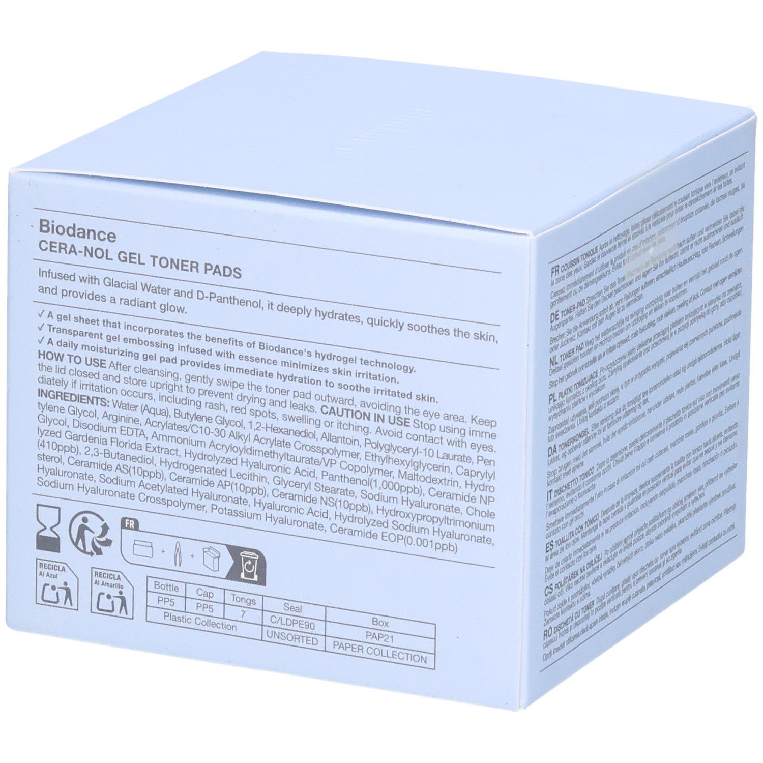 Confezione Biodance CERA-NOL GEL TONER PADS con informazioni dettagliate sul prodotto e ingredienti.