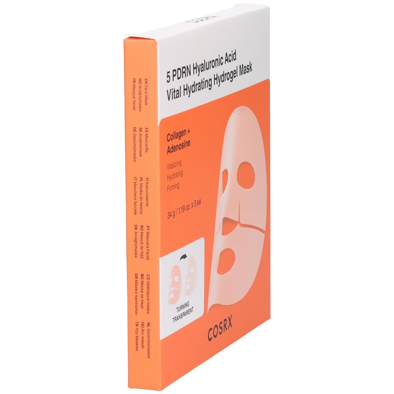 Vista laterale della confezione della maschera idratante vitale in idrogel all'acido ialuronico COSRX 5 PDRN.