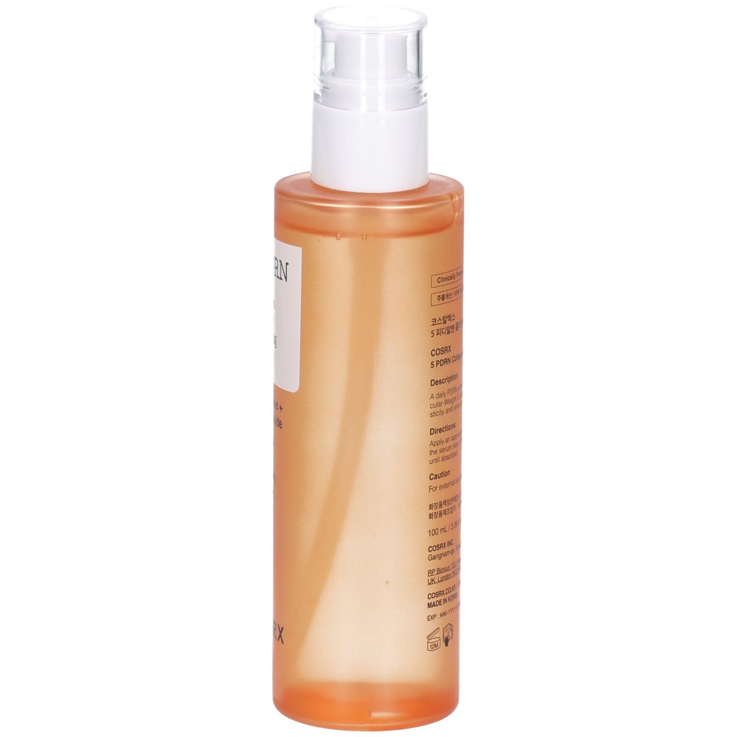 Vista laterale del siero COSRX 5 PDRN. Flacone arancione con dispenser ed etichetta.